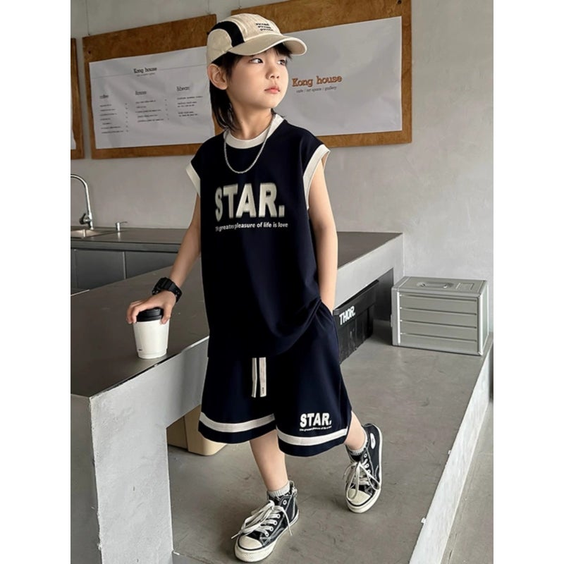 Boys' Sleeveless Suit Summer Children'S Vest Basketball Sportswear Shorts Two-Piece Set Big Boy'S Summer Fashion - Image 2