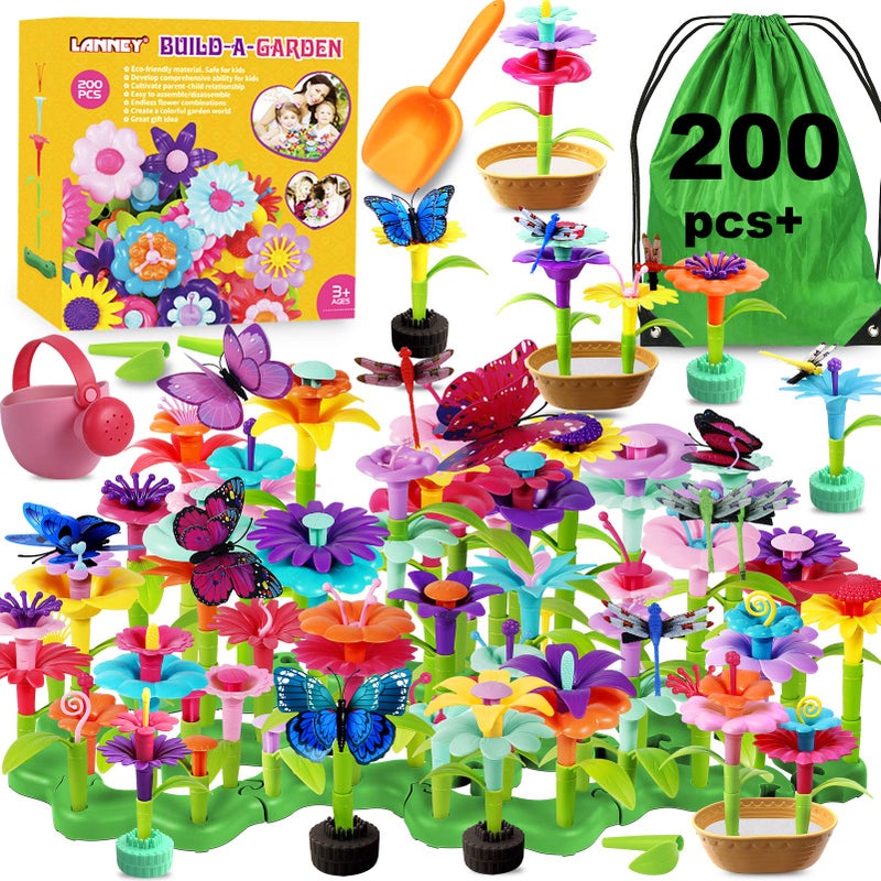 LANNEY Flower Building Toy Set 200 Pcs Flower Garden Building Toys for Girls Boys 3 4 5 6 7 Year Old Educational Stem Build Garden Toy Kids Toddler Birthday Gift Ideas