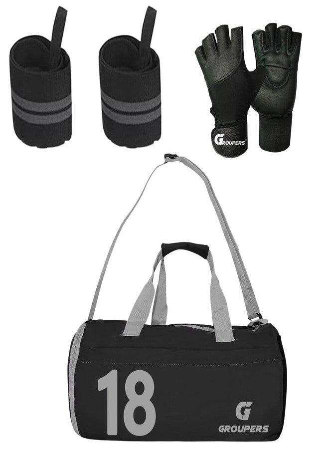 Groupers 20-25L Duffle Bag - Black Gym with Shoe Pocket + Ventilated Weightlifting Gloves & 21” Wrist Wraps, Waterproof, Packable Gym kit for Men & Women - Image 1