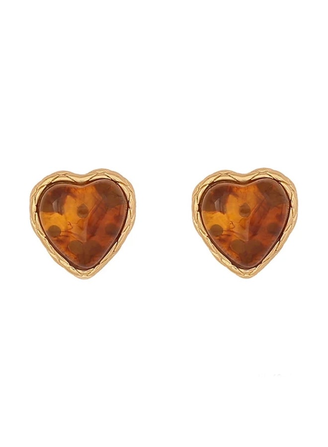 The Black Pearl Accessories Brown Stone Heart Stainless Steel Golden Earring - Image 1