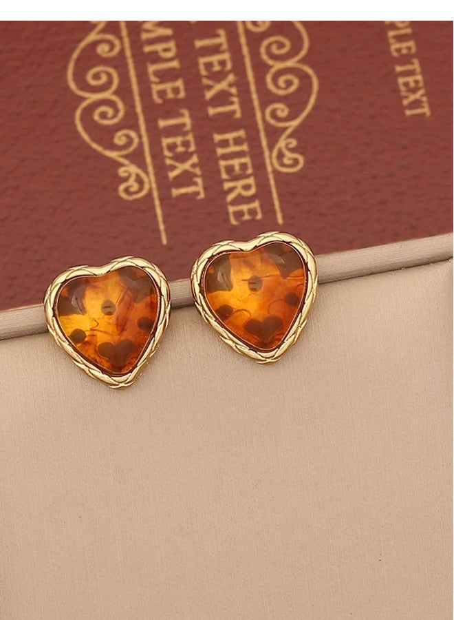 The Black Pearl Accessories Brown Stone Heart Stainless Steel Golden Earring - Image 2