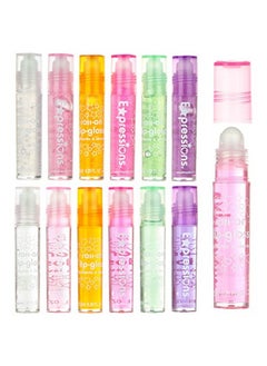 Expressions 12Pc Glitter Roll On Lip Gloss Set, Glossy Lip Moisturizer For Kids And Teens In Pouch With Marabou Handle Assorted Fruit Flavored Lip Gloss Set, Hydrating Lip Oil, Non Toxic Kid Makeup  - Image 1