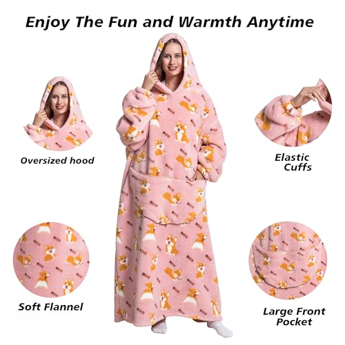 Capecage Blanket Hoodie Long Hooded Blanket Sweatshirt as Birthday Gifts for Women Men Long Wearable Blanket for Men Women Corgi - Image 3