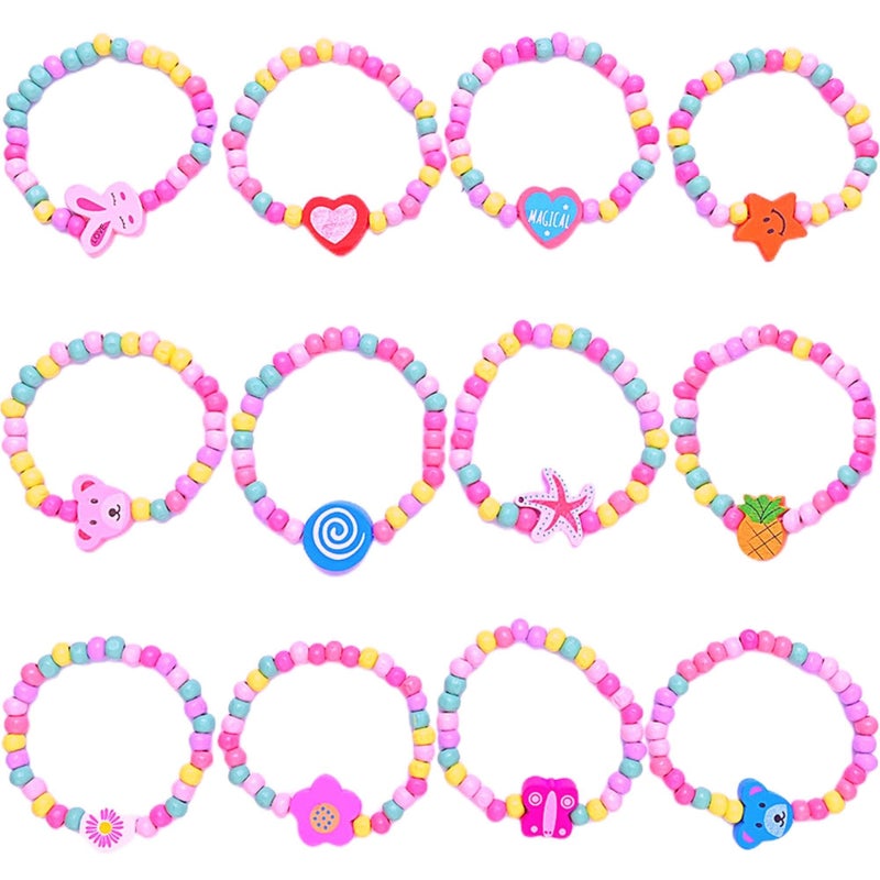 Yeefunjoy Children's Jewellery Set, Wooden Bracelet Set, Princess Stretchy Beads Bracelet for Girls, 1412 Pieces, 12 Styles, Party Favours - Image 1