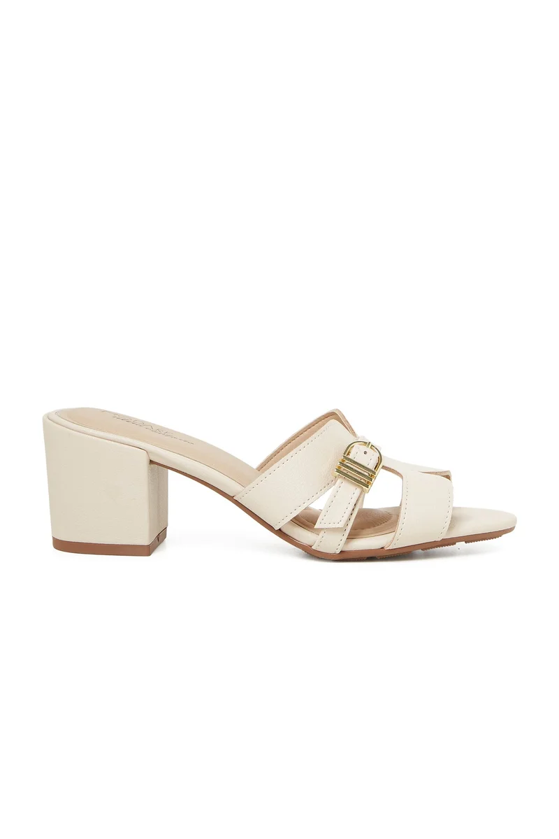 MODARE MODARE Mid Heel Sandals for Ladies – CREAM Sandals with Slip On | Comfortable PU Upper & TPR Sole