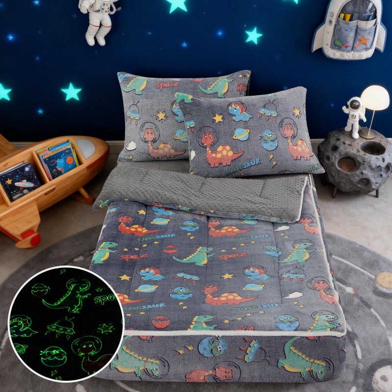 A Nice Night Dinosaur Printed Plush Zippered Comforter Set,Zipper Bedding Glow in The Dark for Child, Galaxy Theme,Twin - Image 2