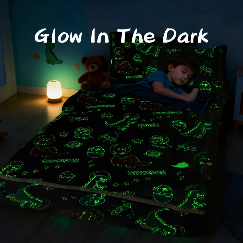 A Nice Night Dinosaur Printed Plush Zippered Comforter Set,Zipper Bedding Glow in The Dark for Child, Galaxy Theme,Twin - Image 3