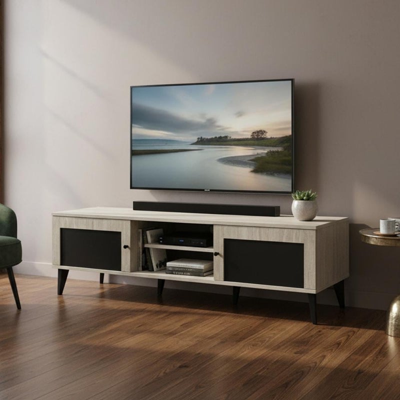 بيتي طاولة تلفزيون خشب ماليزي 180 سم مع 2 ادراج وارفف - بيج واسود - Image 1