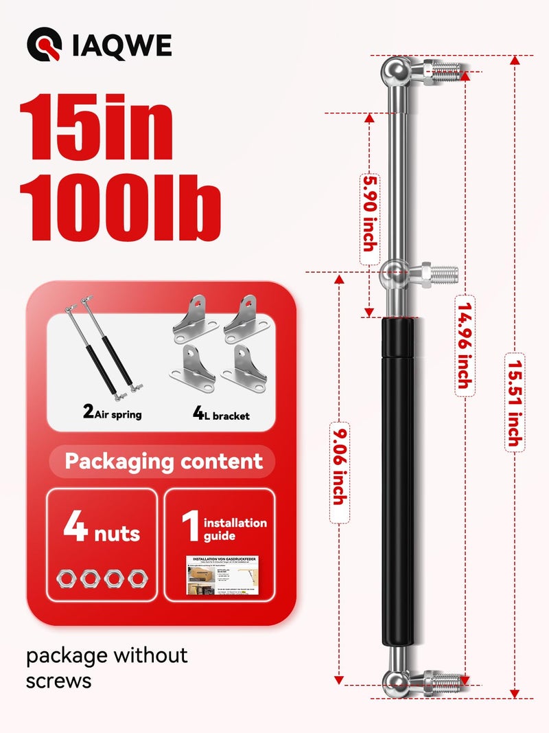 IAQWE 15Inch 100Lbs/ 445N Lift Support Gas Struts Spring Shock with L Brackets for RV Bed Heavy Duty TV Cabinet Window Toolbox Lid Floor Hatch Door Trash Bin Cover (Suitable for 80-110 pounds Lid) - Image 2