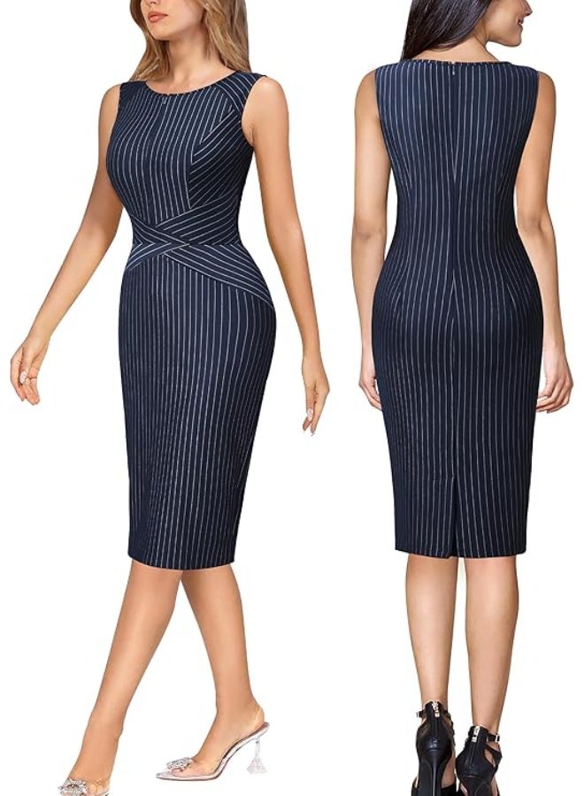 VFSHOW Womens Elegant Blue and White Striped Slim Zipper up Work Business Office Party Sheath Dress 2619 BLU M - Image 4