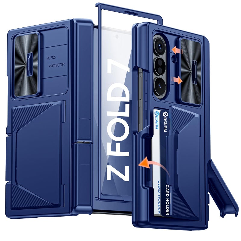 BSNRM for Samsung Galaxy Z Fold 7 Case with Card Holder RFID Blocking Built in Slide Lens Cover Hinge Protection Kickstand Screen Protector Shockproof Wallet Case for Z Fold 7 Sapphire Blue - Image 2
