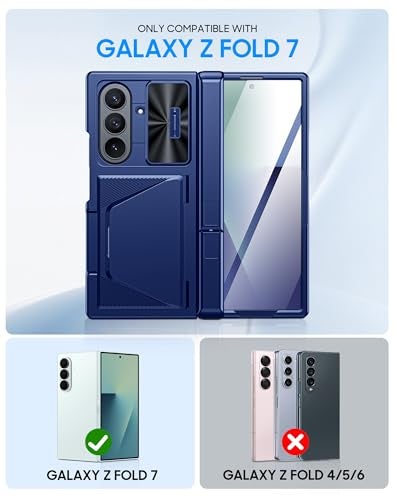BSNRM for Samsung Galaxy Z Fold 7 Case with Card Holder RFID Blocking Built in Slide Lens Cover Hinge Protection Kickstand Screen Protector Shockproof Wallet Case for Z Fold 7 Sapphire Blue - Image 3