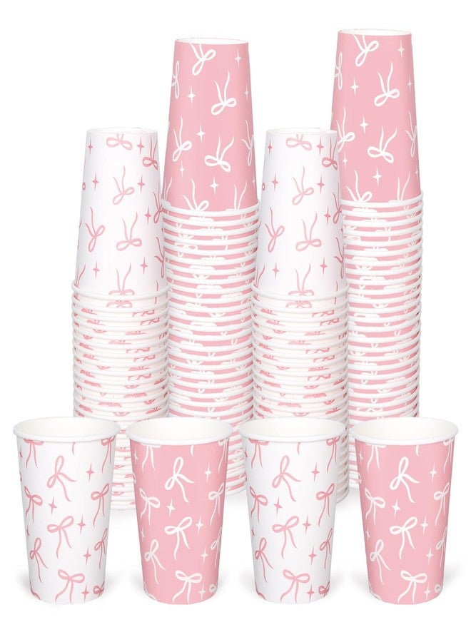 Whaline 100Pcs Pink Bow Paper Cups 9 oz Disposable Coffee Cups Bow Theme Birthday Party Cups for Wedding Bridal Baby Shower Party Supplies - Image 1