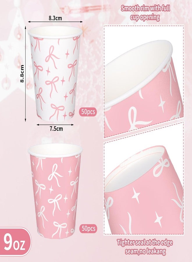 Whaline 100Pcs Pink Bow Paper Cups 9 oz Disposable Coffee Cups Bow Theme Birthday Party Cups for Wedding Bridal Baby Shower Party Supplies - Image 2