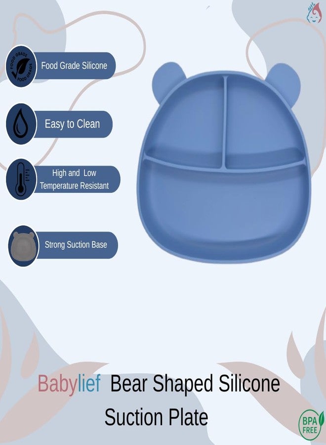 Babylief Bear Shaped Silicone Plate with Suction Base, Wooden Handle Spoon, 20 cm, Available in 5 Colours (Powder Blue) - Image 3
