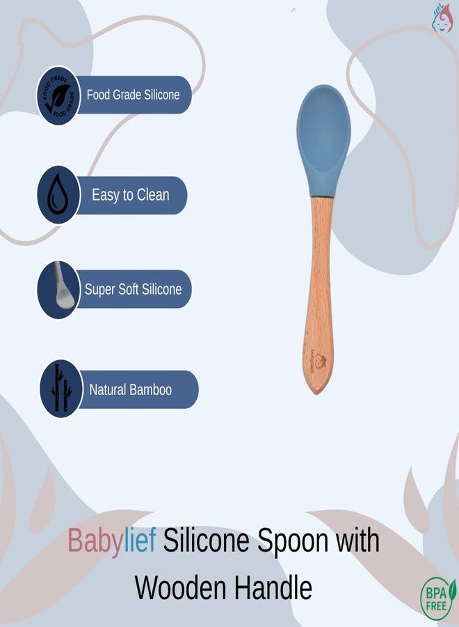 Babylief Bear Shaped Silicone Plate with Suction Base, Wooden Handle Spoon, 20 cm, Available in 5 Colours (Powder Blue) - Image 5