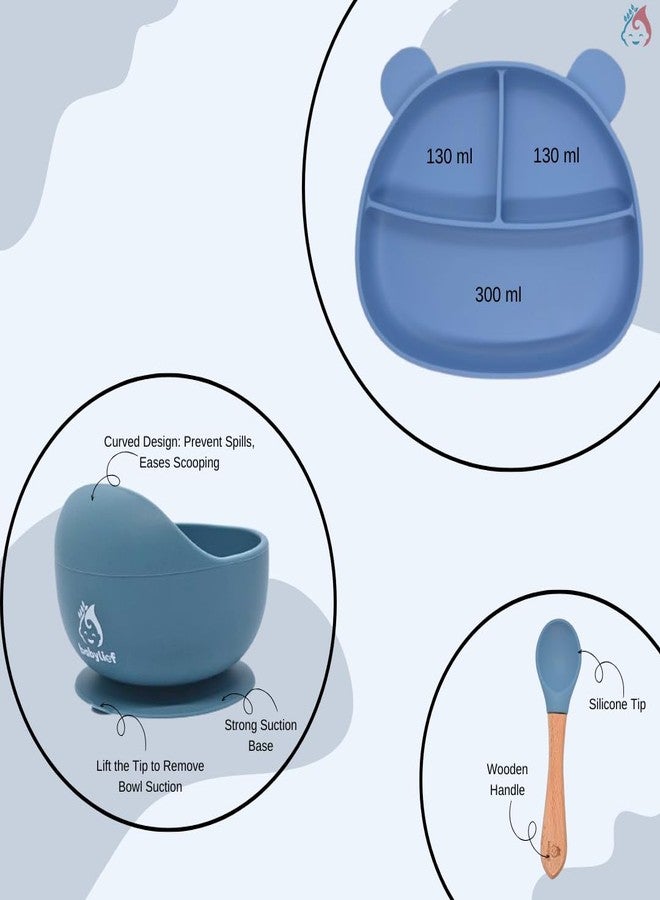 Babylief Bear Shaped Silicone Plate with Suction Base, Wooden Handle Spoon, 20 cm, Available in 5 Colours (Powder Blue) - Image 2
