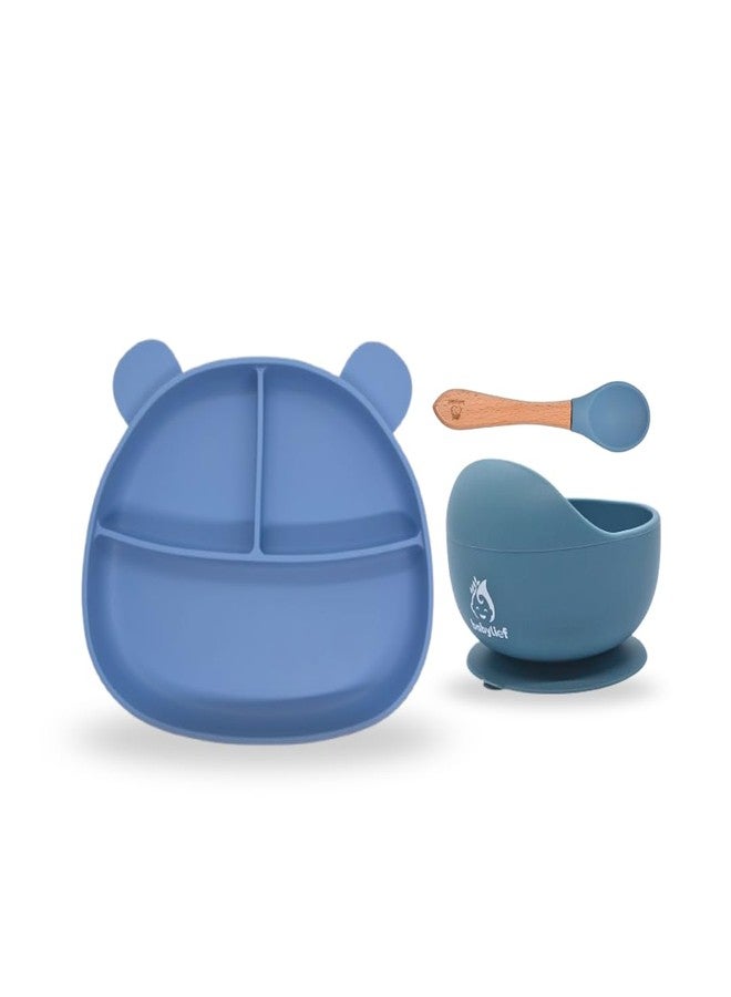 Babylief Bear Shaped Silicone Plate with Suction Base, Wooden Handle Spoon, 20 cm, Available in 5 Colours (Powder Blue) - Image 1