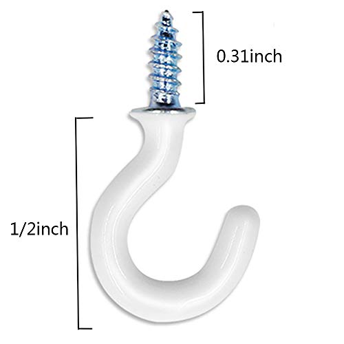 PHITUODA 50Pcs 1/2-Inch Cup Hooks Ceiling Hooks, Plastic-Covered Metal Screw-in Hooks, White - Image 2