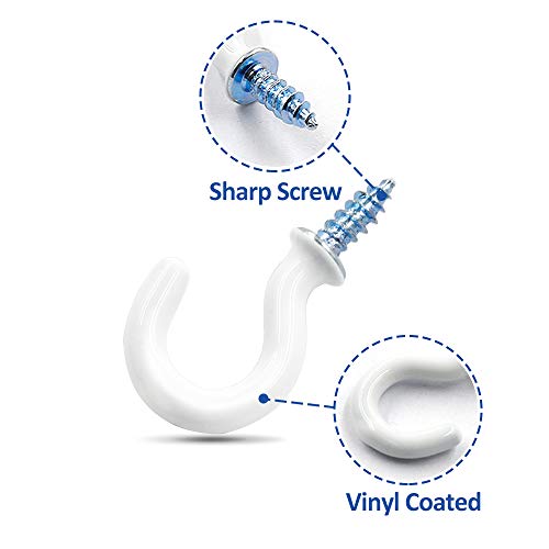 PHITUODA 50Pcs 1/2-Inch Cup Hooks Ceiling Hooks, Plastic-Covered Metal Screw-in Hooks, White - Image 3