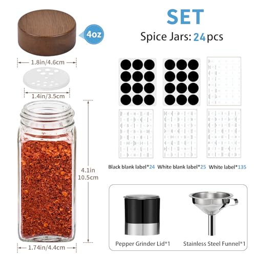 Yangbaga 24Pcs Glass Spice Jars with Labels-4oz Acacia Wood Lid Square Spice Containers and 2pcs Rack with Pepper Grinder Lids &Funnel,Seasoning Jars for Rack Cabinet Drawer - Image 2