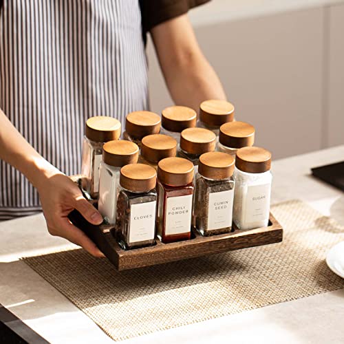 Yangbaga 24Pcs Glass Spice Jars with Labels-4oz Acacia Wood Lid Square Spice Containers and 2pcs Rack with Pepper Grinder Lids &Funnel,Seasoning Jars for Rack Cabinet Drawer - Image 5