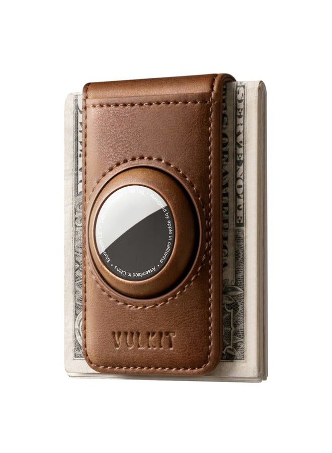 VULKIT Magnetic Money Clip with Airtag Case for Mens, Brown, Slim, Gift for Men - Image 1