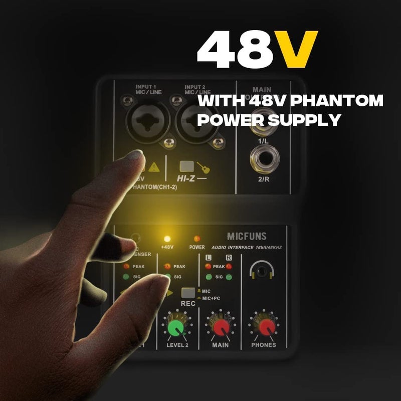 Device Of Urban Infotech خلاط صوت احترافي - خلاط صوت بقناتين واجهة صوت USB، طاقة فانتوم 48 فولت، مدخل سماعة 3.5 مم لخلاط التسجيل والبث المباشر وإنتاج الموسيقى والكاريوكي - Image 2