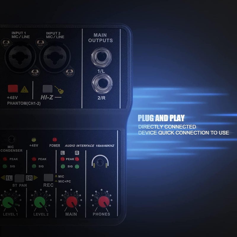 Device Of Urban Infotech خلاط صوت احترافي - خلاط صوت بقناتين واجهة صوت USB، طاقة فانتوم 48 فولت، مدخل سماعة 3.5 مم لخلاط التسجيل والبث المباشر وإنتاج الموسيقى والكاريوكي - Image 5