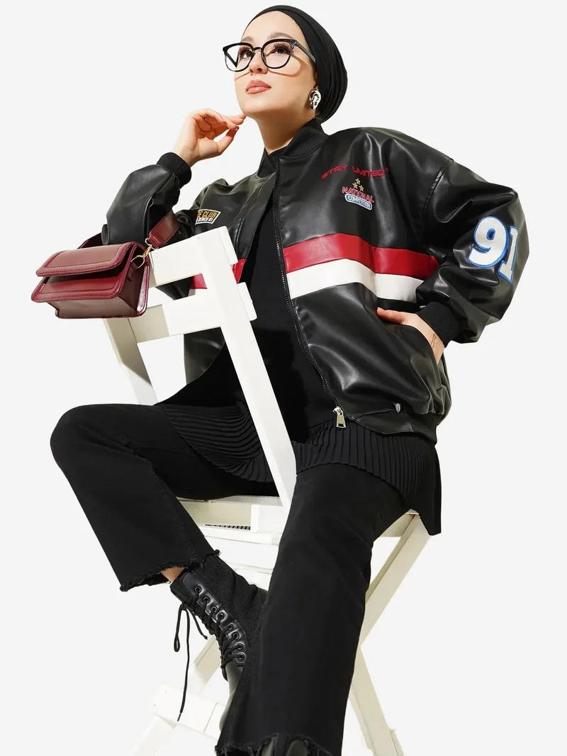بيغ دارت BDART Color Blocked Faux Leather Oversized Bomber Jacket