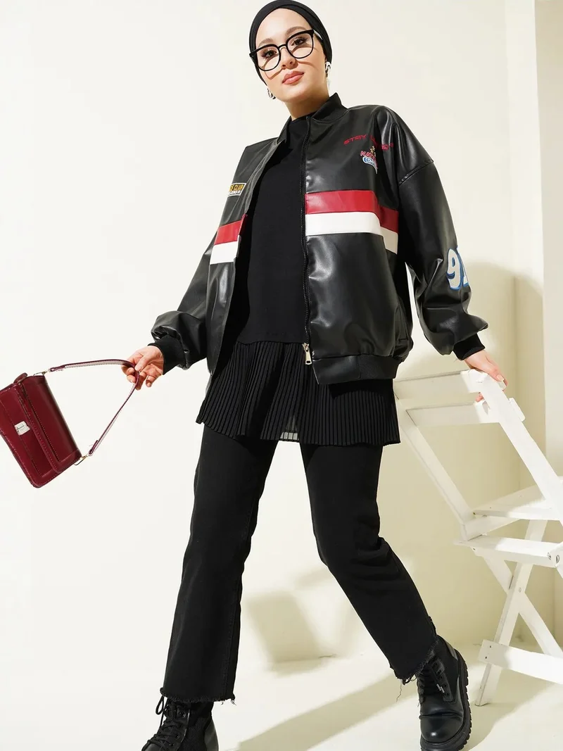 بيغ دارت BDART Color Blocked Faux Leather Oversized Bomber Jacket