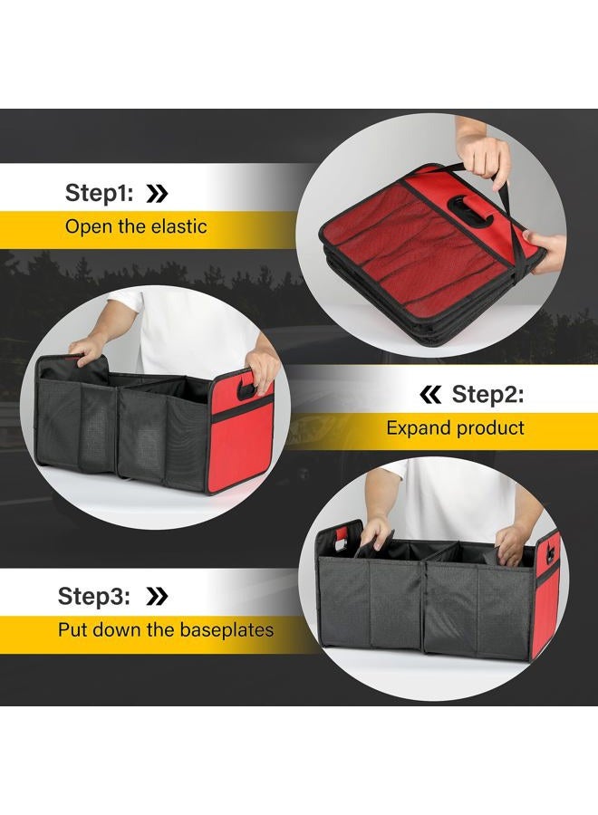 YSSOA 2 Compartments Car Trunk Organizer, 600D Waterproof Oxford Polyester Car Storage, Anti-slip 14" D x 22" W x 12" H Collapsible Trunk Storage, Suitable for SUV, Minivan, Truck, Red - Image 2