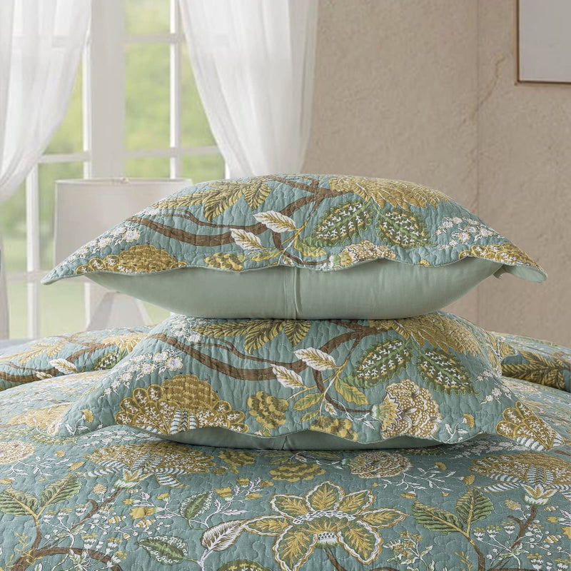 NEWLAKE Cotton Bedspread Quilt Sets-Reversible Patchwork Coverlet Set, Green Floral Pattern, Queen Size - Image 5