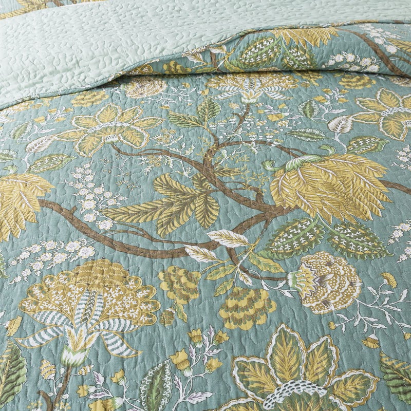NEWLAKE Cotton Bedspread Quilt Sets-Reversible Patchwork Coverlet Set, Green Floral Pattern, Queen Size - Image 3