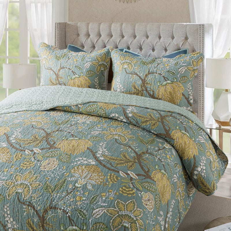 NEWLAKE Cotton Bedspread Quilt Sets-Reversible Patchwork Coverlet Set, Green Floral Pattern, Queen Size - Image 2