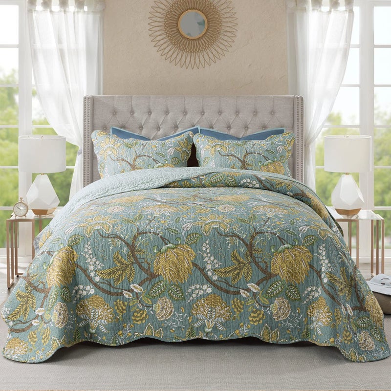 NEWLAKE Cotton Bedspread Quilt Sets-Reversible Patchwork Coverlet Set, Green Floral Pattern, Queen Size - Image 1