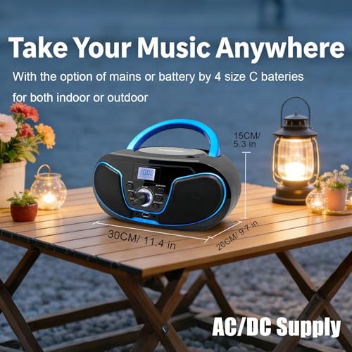 LONPOO Portable CD Boombox, CD Player with Clear Stereo Sound, Bluetooth 5.3, FM Radio, USB/AUX/3.5mm Earphone Jack, AC/Battery Powered for Home Outdoor Kids Elders (LP-D02) - Image 5