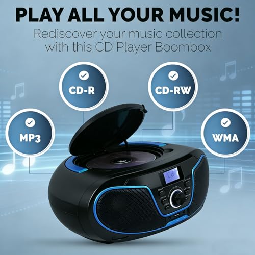 LONPOO Portable CD Boombox, CD Player with Clear Stereo Sound, Bluetooth 5.3, FM Radio, USB/AUX/3.5mm Earphone Jack, AC/Battery Powered for Home Outdoor Kids Elders (LP-D02) - Image 4