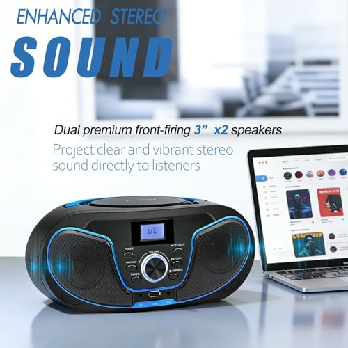 LONPOO Portable CD Boombox, CD Player with Clear Stereo Sound, Bluetooth 5.3, FM Radio, USB/AUX/3.5mm Earphone Jack, AC/Battery Powered for Home Outdoor Kids Elders (LP-D02) - Image 3