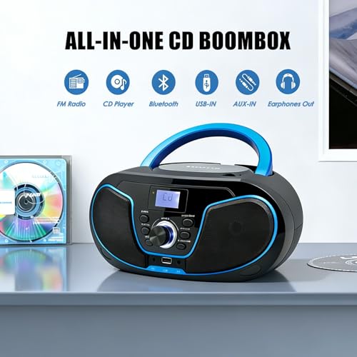 LONPOO Portable CD Boombox, CD Player with Clear Stereo Sound, Bluetooth 5.3, FM Radio, USB/AUX/3.5mm Earphone Jack, AC/Battery Powered for Home Outdoor Kids Elders (LP-D02) - Image 2