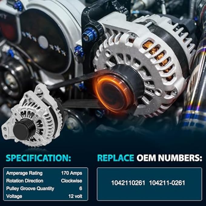 CNYGO 1042110261 Alternator Compatible with 2017 2018 2019 2020 GMC Acadia, 2017-2020 Cadillac XT5, 2020 Cadillac XT6, 2019-2022 Chevy Blazer V6 3.6L 12V 170A High Output 6-Groove Pulley C/W 104211-0261 - Image 3