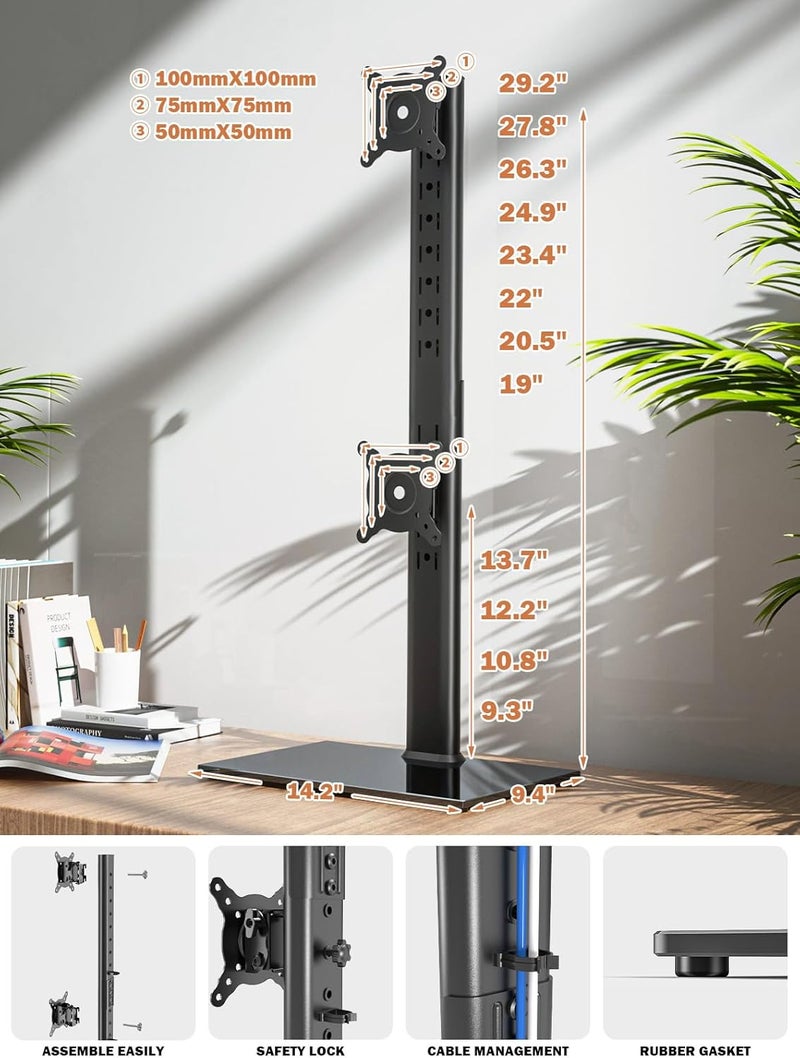 Hemudu Dual Monitor Stand - Vertical Stack Screen Free-Standing Monitor Riser Fits Two 13 to 34 Inch Screen with Swivel, Tilt, Height Adjustable, Holds One (1) Screen Up to 44Lbs - Image 5