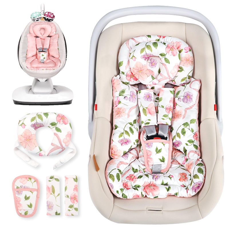 TANOFAR Infant Car Seat Insert with Removable Cushion for Baby Girls, Reversible Newborn Carseat Insert for Baby Head Body Support, Fits for Stroller, Baby Swing, Bouncer (Pink Bow) - Image 1