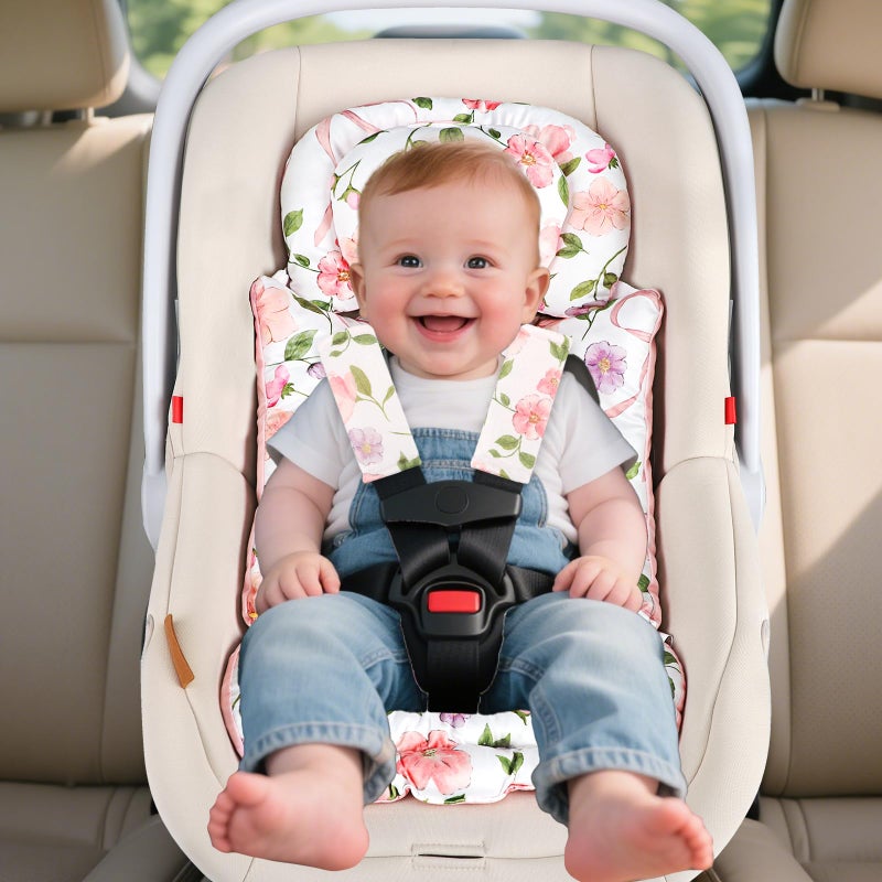 TANOFAR Infant Car Seat Insert with Removable Cushion for Baby Girls, Reversible Newborn Carseat Insert for Baby Head Body Support, Fits for Stroller, Baby Swing, Bouncer (Pink Bow) - Image 2