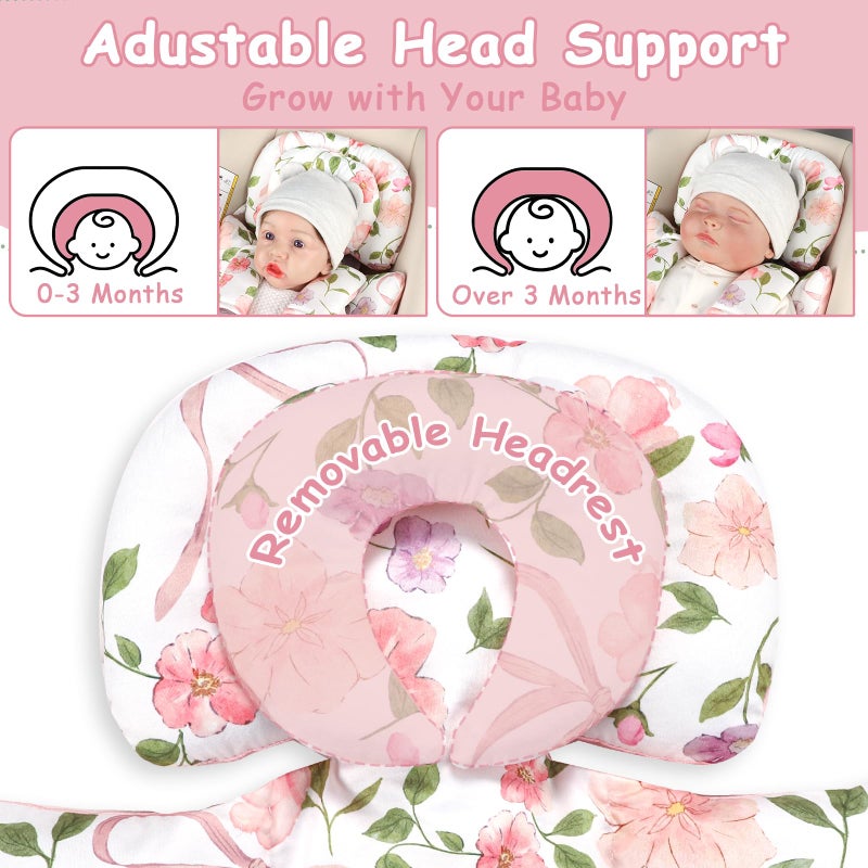 TANOFAR Infant Car Seat Insert with Removable Cushion for Baby Girls, Reversible Newborn Carseat Insert for Baby Head Body Support, Fits for Stroller, Baby Swing, Bouncer (Pink Bow) - Image 3