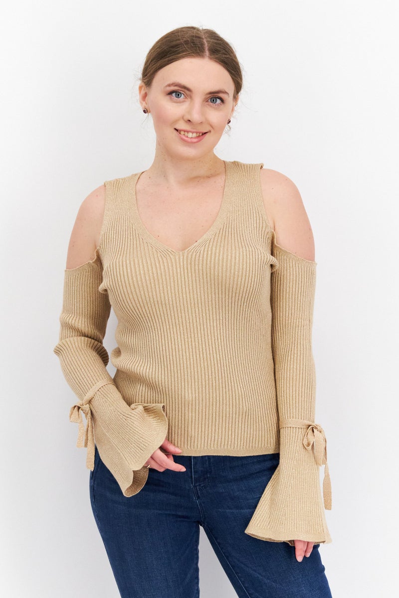 INC Women V Neck Cold Shoulder Top, Gold - Image 1