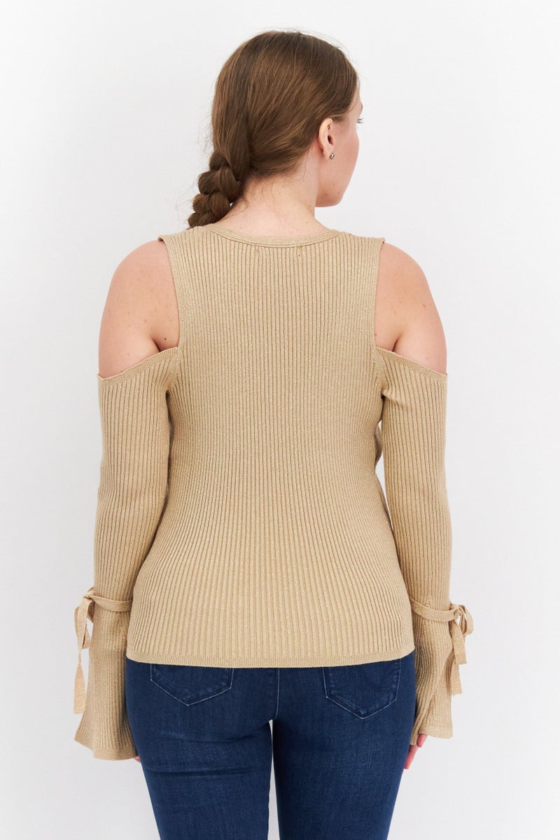 INC Women V Neck Cold Shoulder Top, Gold - Image 3