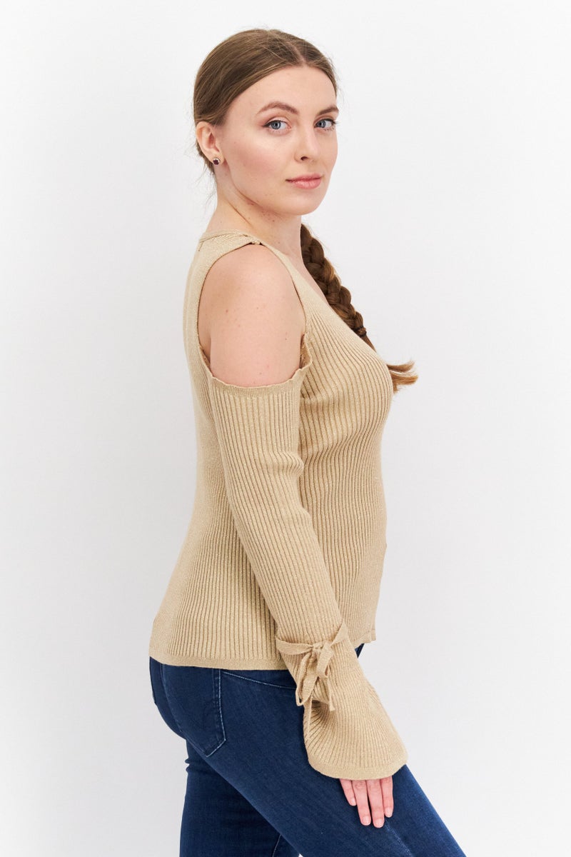 INC Women V Neck Cold Shoulder Top, Gold - Image 2