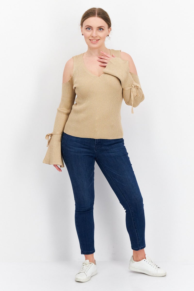 INC Women V Neck Cold Shoulder Top, Gold - Image 4