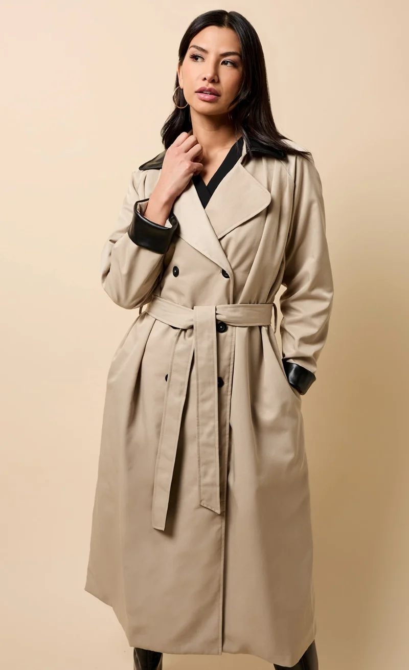 Little Mistress Camel PU Contrast Trim Trench Coat